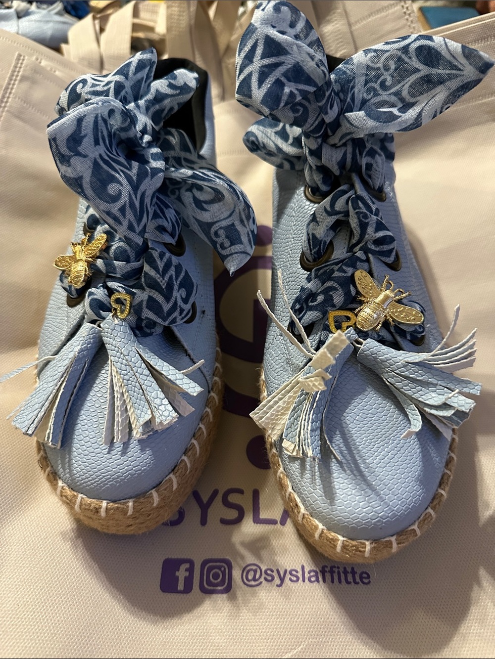Women’s Light Blue Espadrille Sneakers with Tassel & Bee Charm